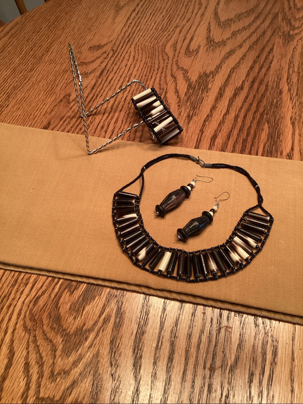Black and White Beaded Statement Necklace, Bracelet and Earring Set